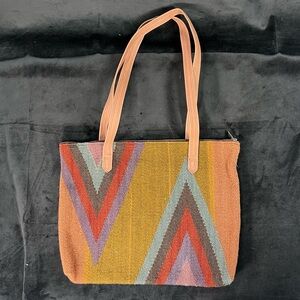 Doris Louie Handwoven Wool Weft Double Handle Zip Bag Tote Purse
